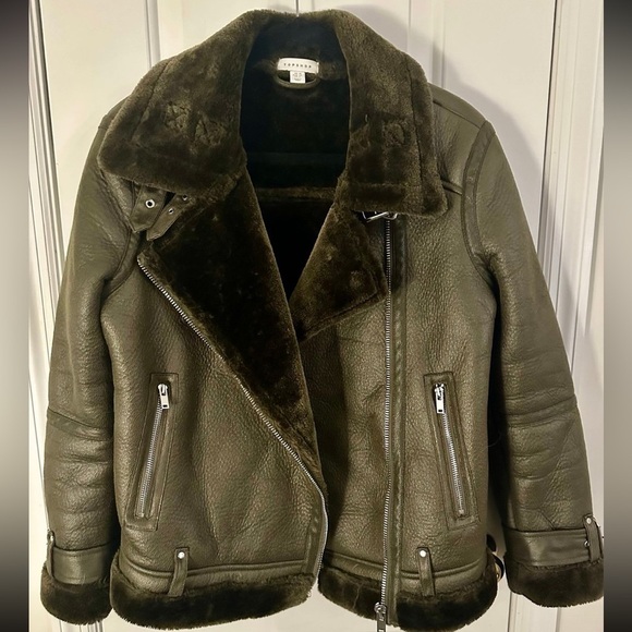 Topshop Jackets & Blazers - Topshop Olive Green Faux Leather Jacket